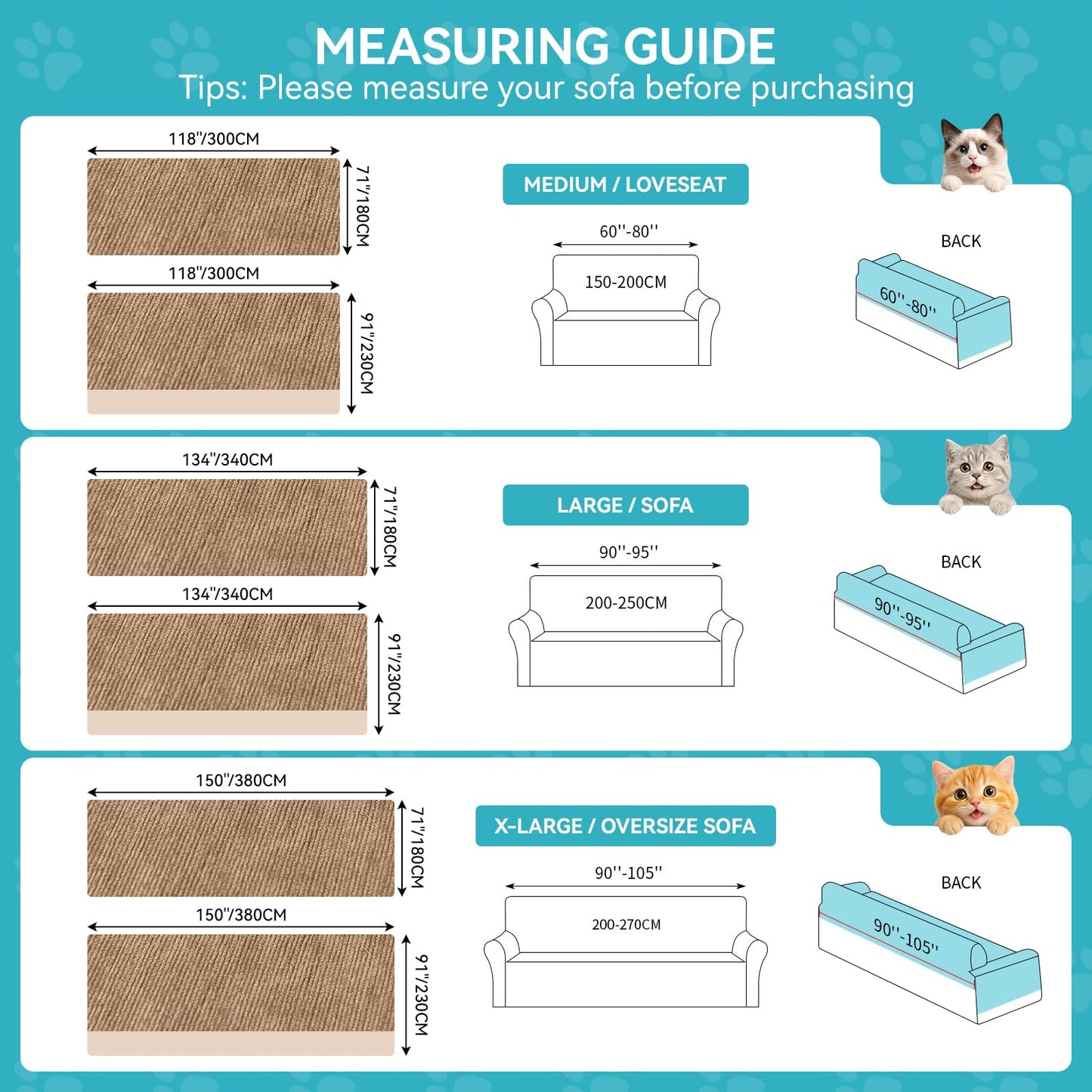 Warmstar Couch Protector from Cat Claws, Waterproof Couch Cover Anti Slip,Couch Cover 3 Cushion Sofa Washable,Anti-Scratch Pet Sofa Cover Heavy Duty,91"X150", Brown