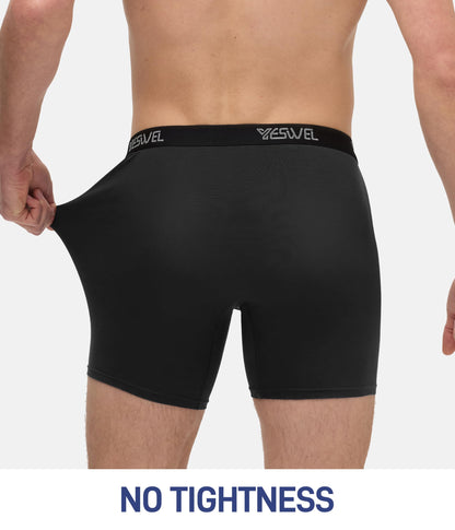 YESWEL Mens Boxers L, Longer Leg Bamboo Boxer Shorts with Fly, Anti - Chafing Underwear Trunks, No Itchy Labels Underpants Pack of 3 Black