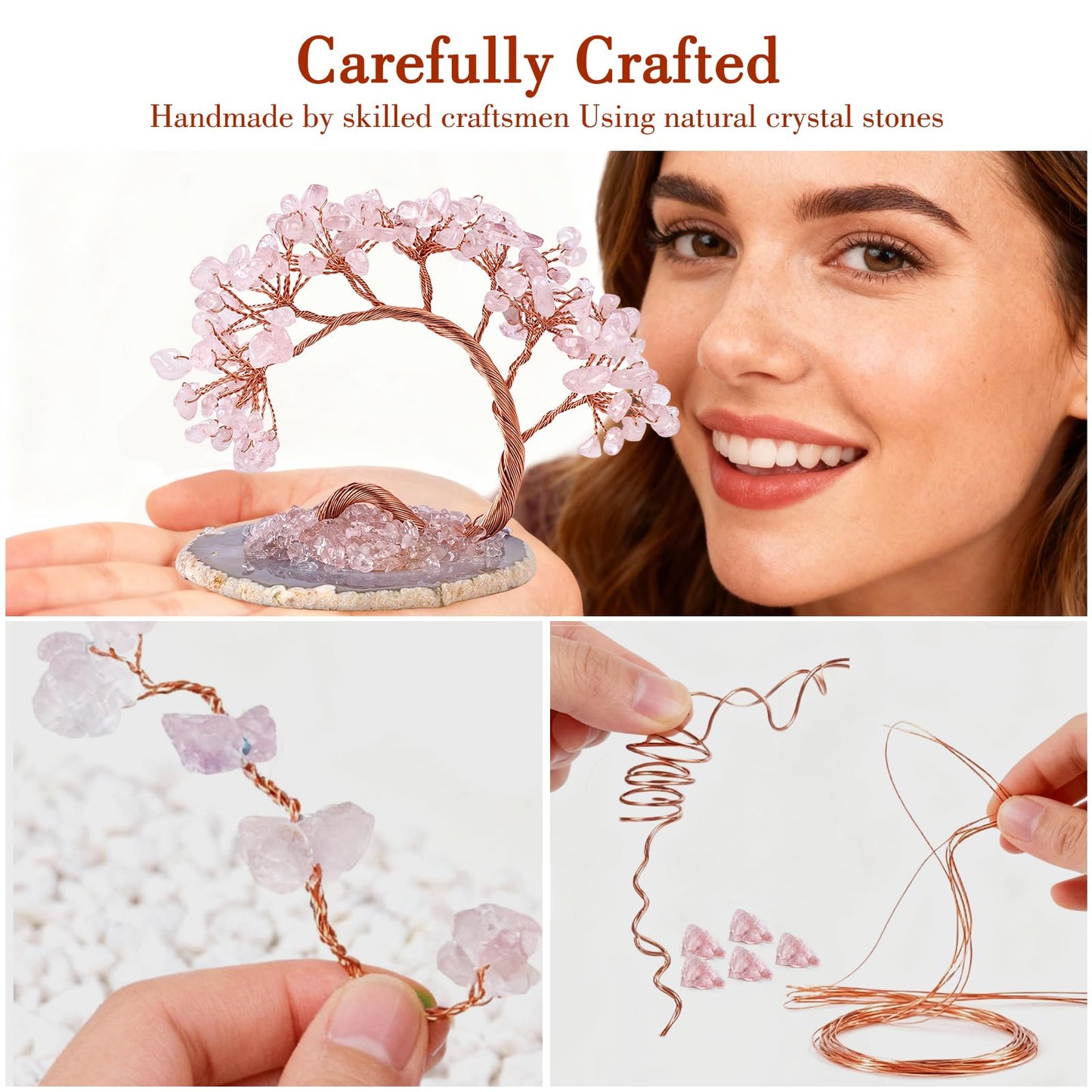 Rose Quartz Crystal Tree with Agate Slice Base - Handmade Feng Shui Money Tree for Love & Abundance, Mini Pink Desk Bonsai, Heart Chakra Healing Decor & Gift