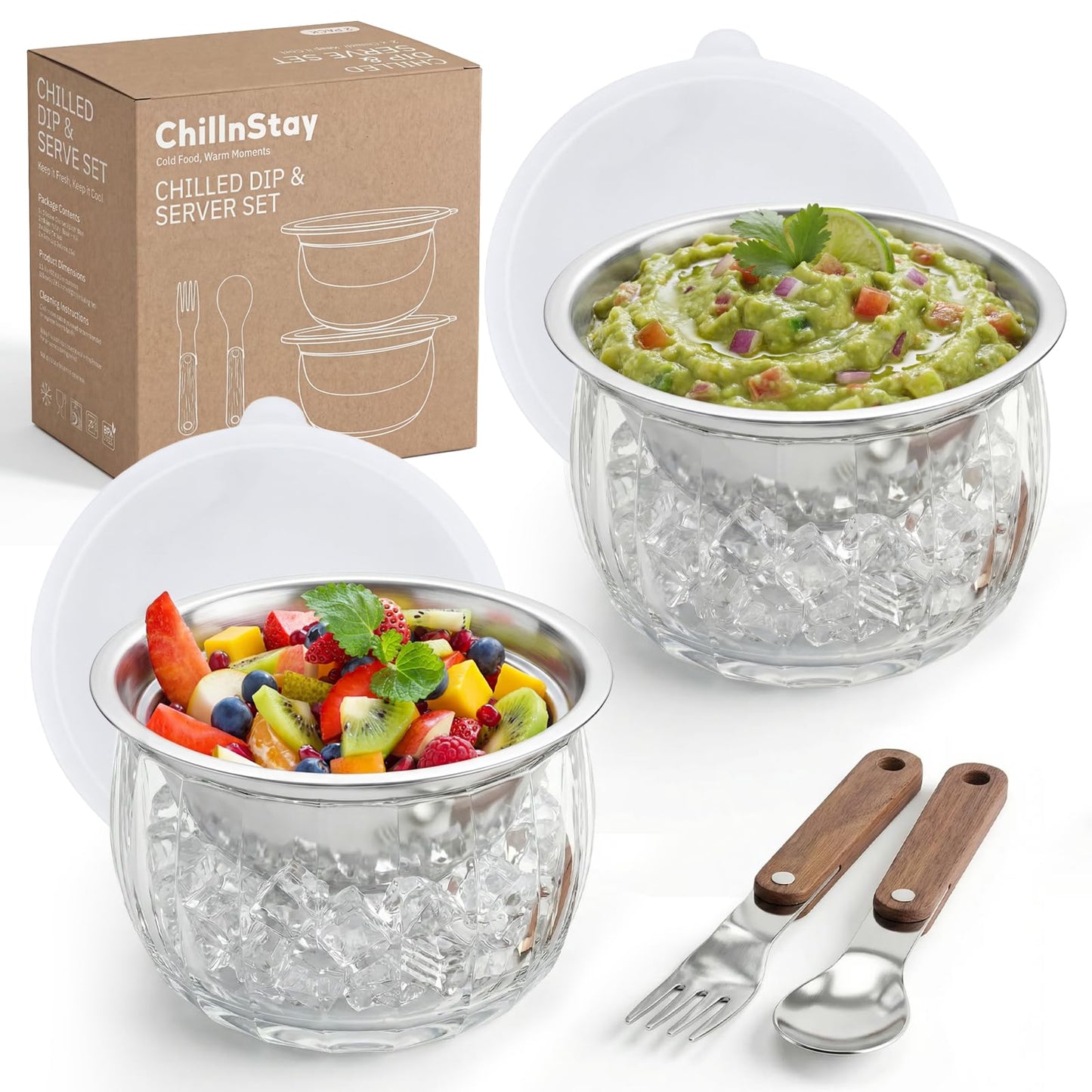 Chillnstay 2-Pack Stainless Steel Chilled Dip Bowls with Lids, Dip Bowls on Ice with Ice Bases, Stainless Steel Spoon and Fork for Salsa, Guacamole, Hummus, Caviar and Appetizers