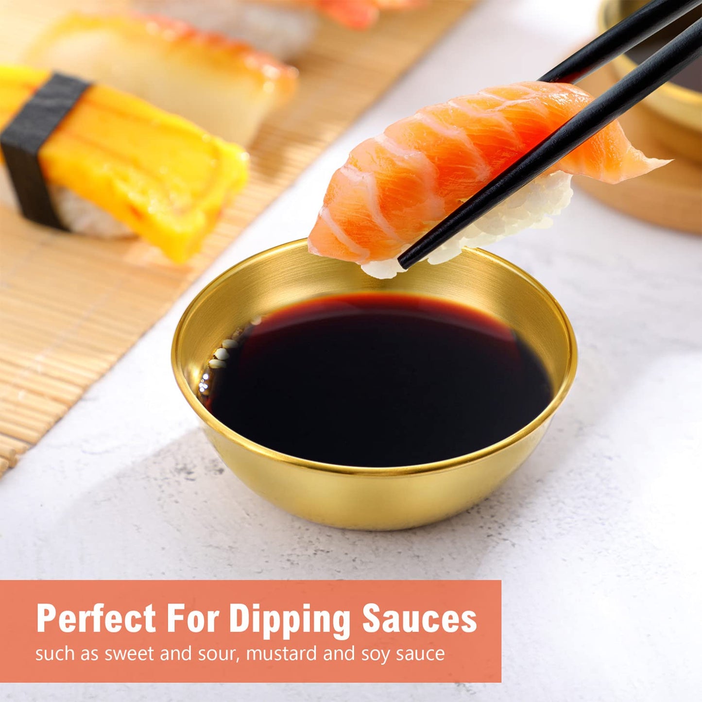 20pcs Golden Stainless Steel Sauce Dishes - Round Dipping Bowls for Condiments Seasoning Appetizers Stackable Mini Saucers for Kitchen Restaurant Sushi Restaurant 3.14 Inch