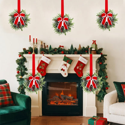 Hausse 6 Pcs Christmas Wreath, 12" Christmas Mini Wreaths for Cabinets with Red Bows, Artificial Small Xmas Wreaths Hanging Decoration Garlands for Kitchen Window Farmhouse Chair Wall Front Door