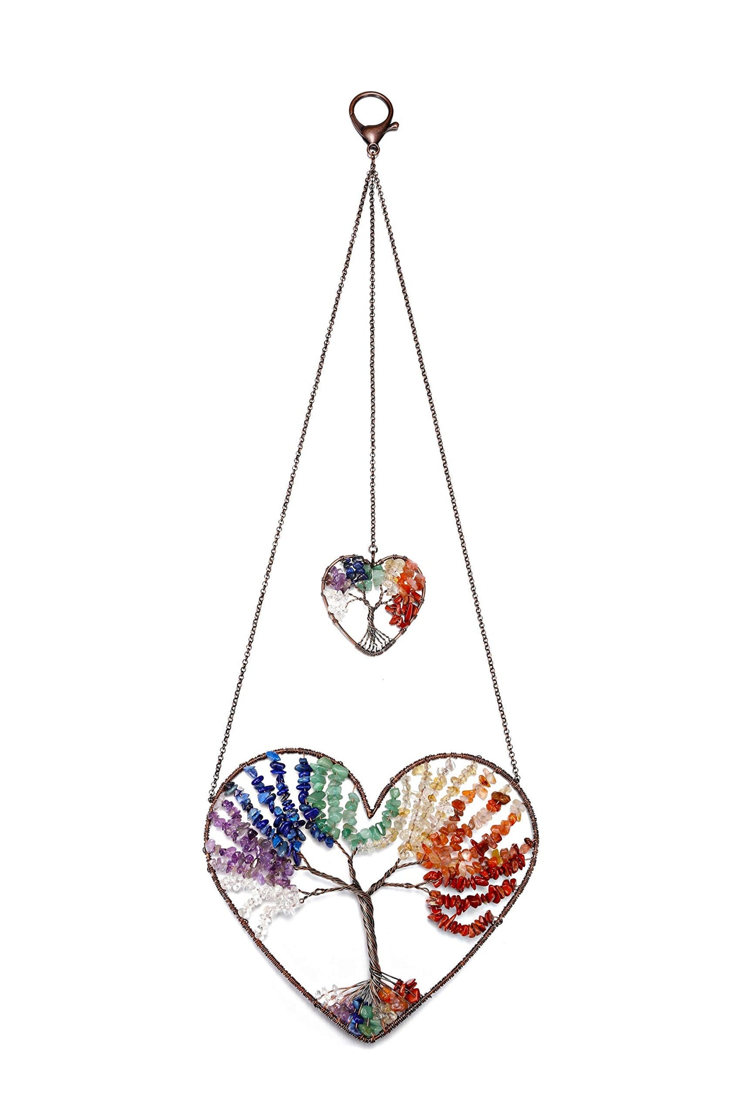 JOVIVI Double Heart Tree of Life Hanging Ornament 7 Chakra Reiki Healing Crystals Stones Gemstone Meditation Window Wall Hanger for Feng Shui Yoga Home Indoor Decor