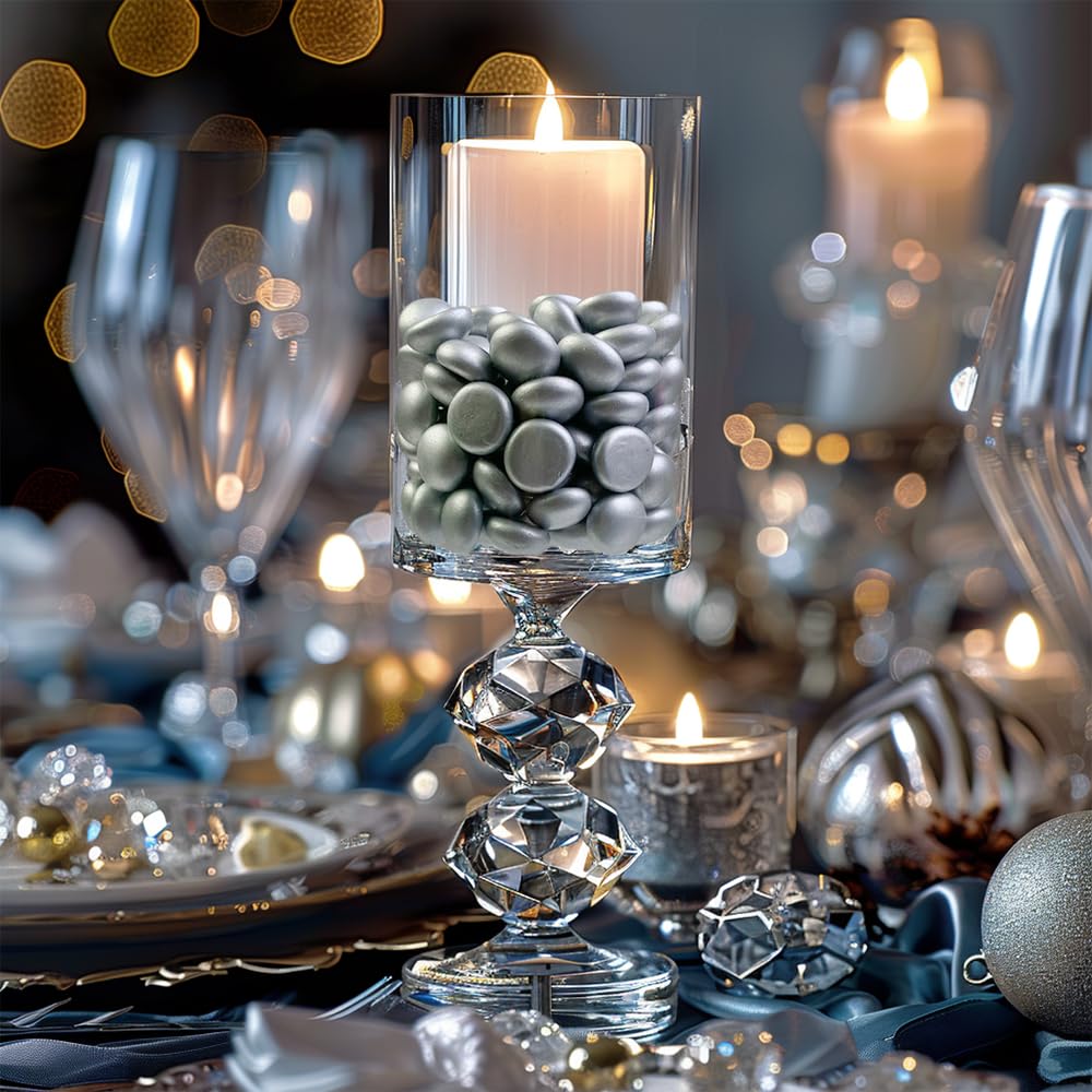 HappyFiller 170 Pcs 0.6 inch Mini Silver Glass Gems Decorative Flat Marbles for Vase Fillers Wedding Table Centerpieces Party,Candle Holder Pebble Stones,Arts Crafts,1 LB