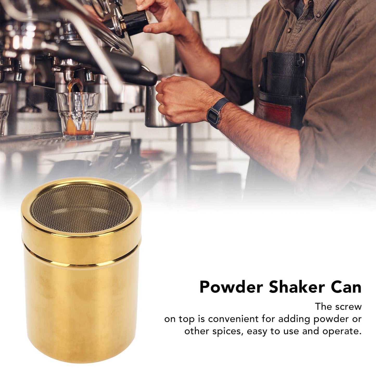 Stainless Steel Powder Shaker, Coffee Cocoa Dredges with Fine Mesh Lid, 2.8 x 3.5 inch Powder Sugar Shaker for Coffee Cocoa Chocolate Cinnamon, Gold