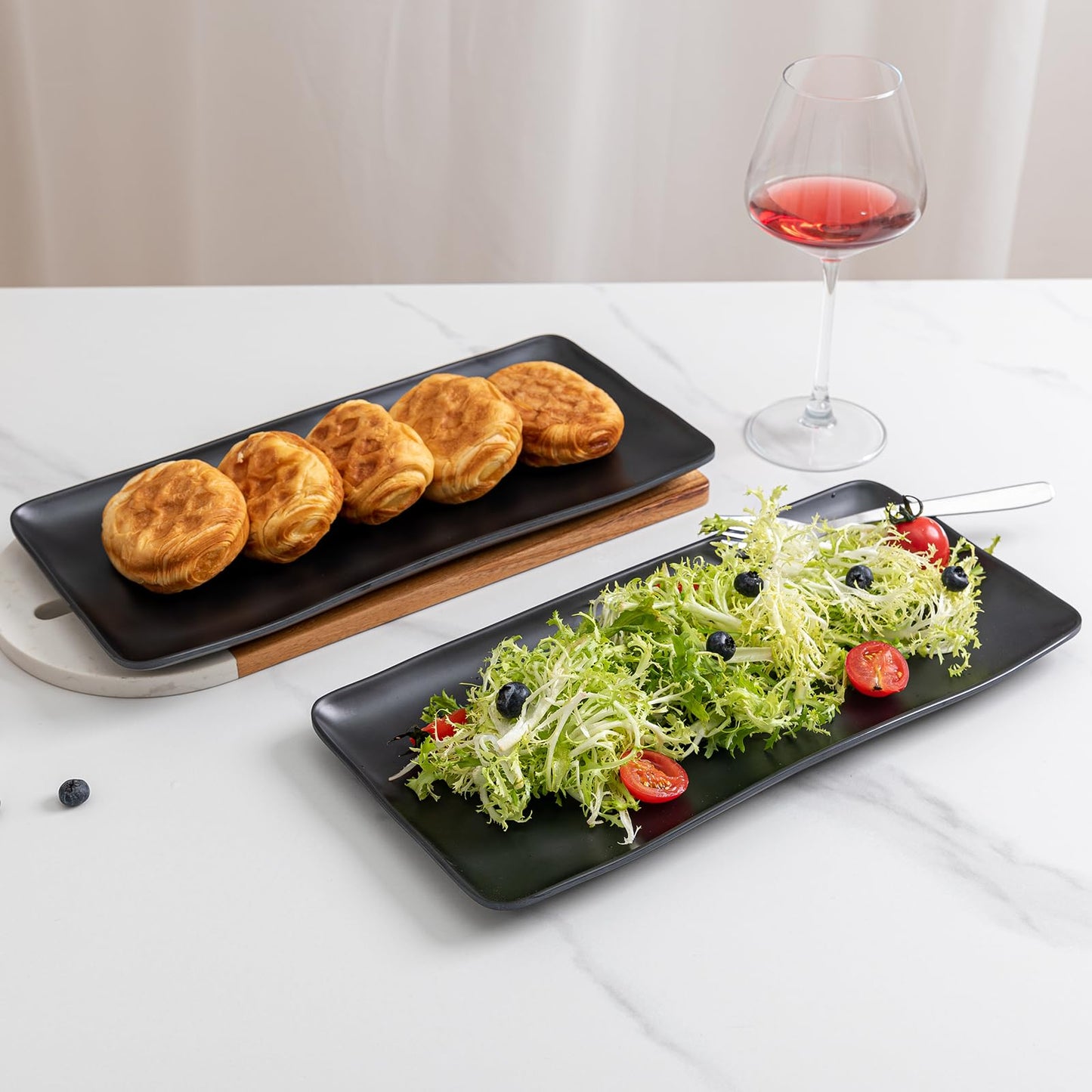 ZAROCRUS Melamine Rectangular Serving Platters and Trays set, set of 4,14” x 7” Matte Black Party Platter for Serving Food, Salad, Cheese and Fruits, Dishwasher Safe Trays/Platters for Entertaining