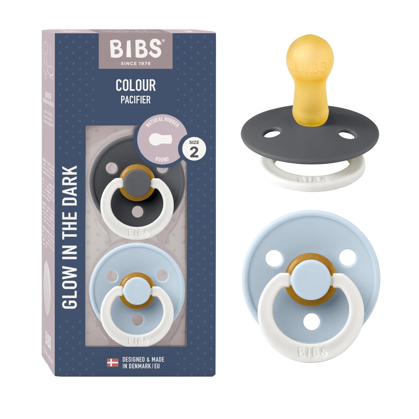 BIBS Colour Glow Soother 2-Pack, Glow in The Dark BPA Free Dummy Pacifier, Round Nipple. Natural Rubber Latex, Size 2 (6-18 Months), Iron Night/Baby Blue Night