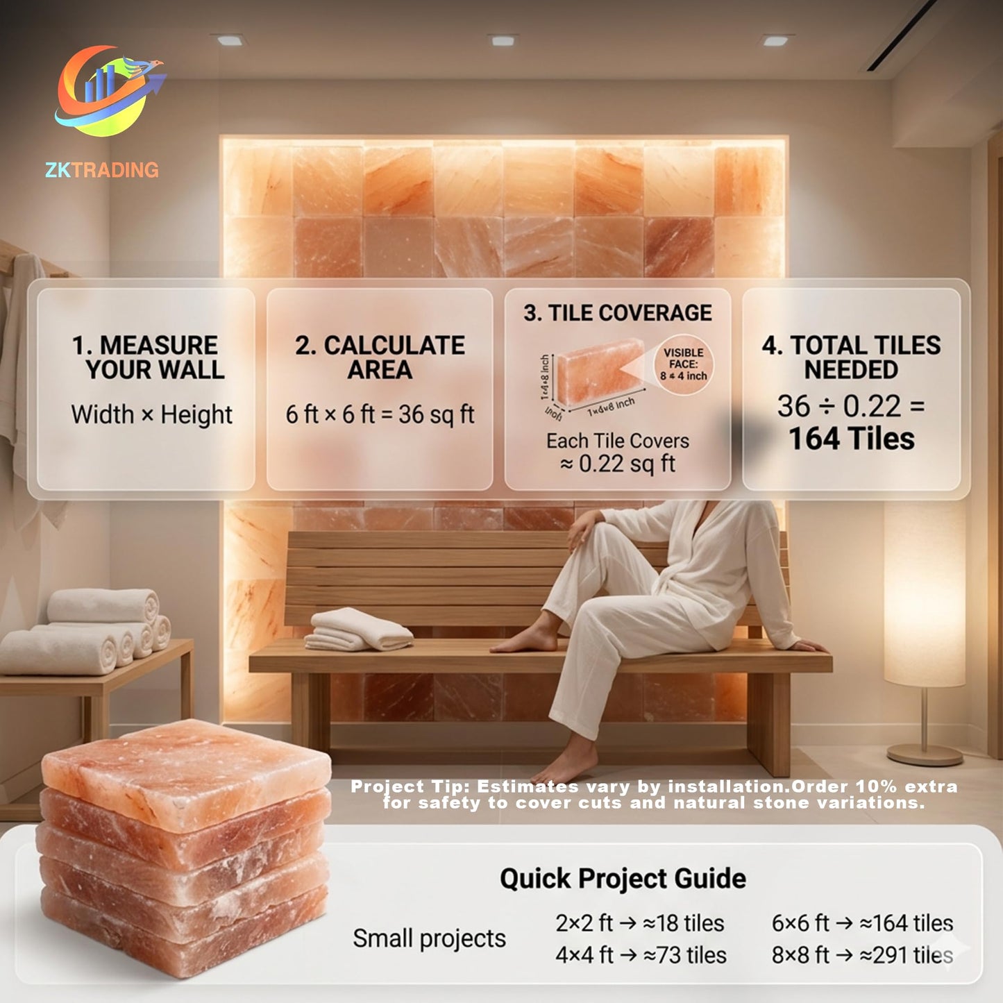 ZK Pack of 20 Himalayan Salt Tiles 8"x4"x1" – Natural Pink Salt Bricks for Sauna Walls, Salt Blocks of 2.5 lbs for Spa Rooms, Backlit Salt Walls & DIY Wellness Décor