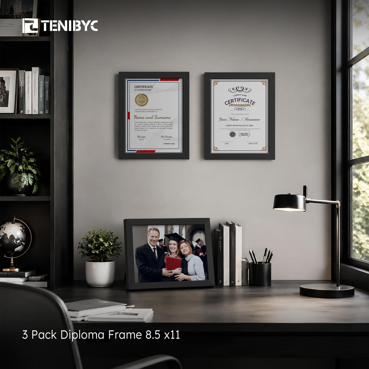 TENIBYC 8.5 by 11 Picture Frame Set of 3 - Black Woodgrain, HD Tempered Glass, Certificates & Awards, Table Display or Wall Hanging