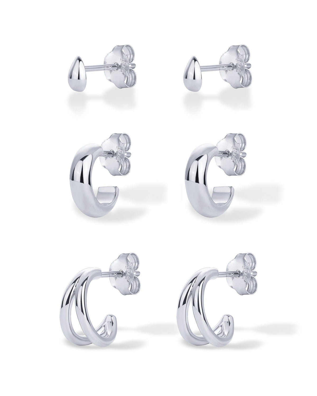PAVOI Rhodium Plated 925 Sterling Silver Posts 3-Pair Statement Earscape Earrings for Women - Three Set Double Huggie Multi Hoop Teardrop Stud Stack Piercing Pack
