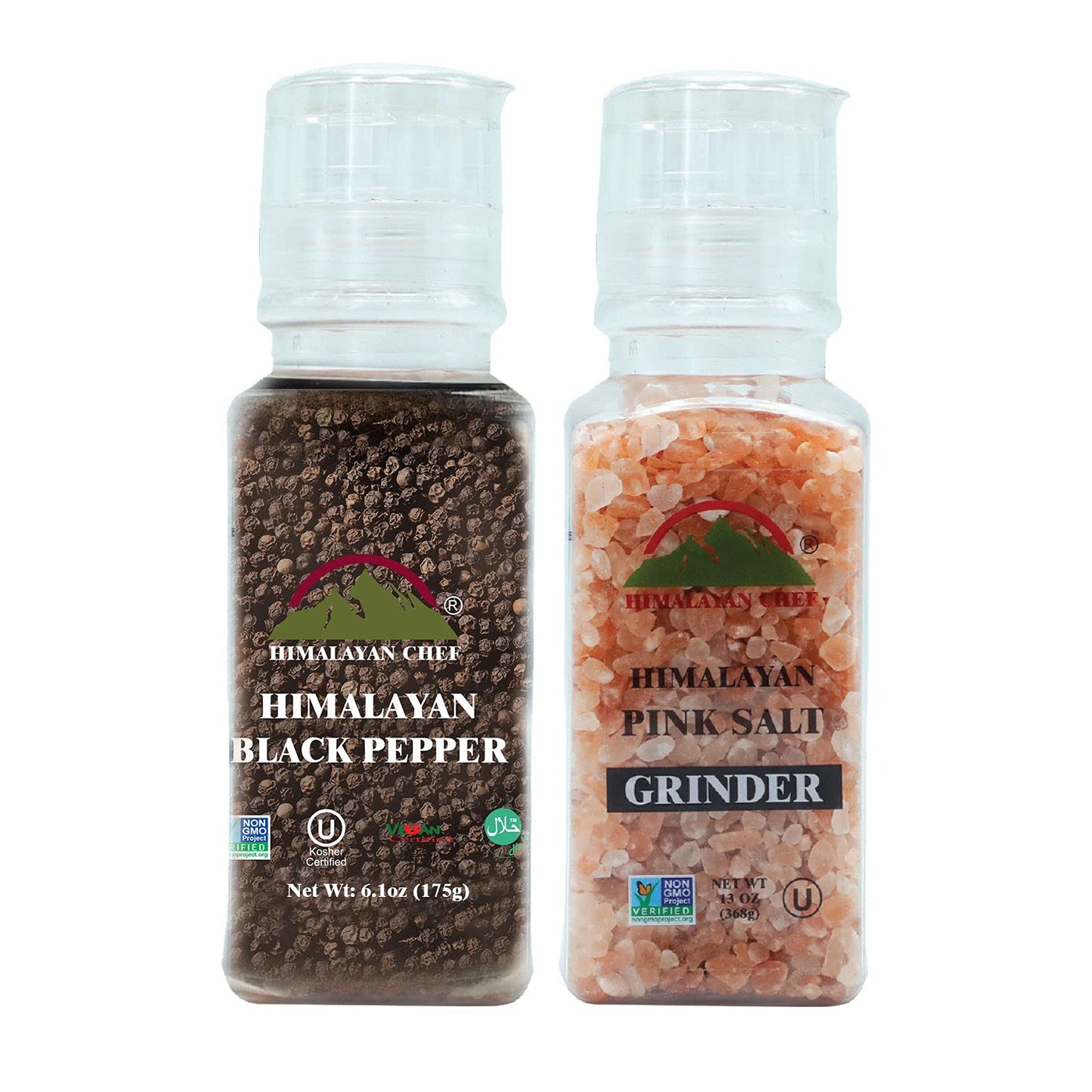 Himalayan Chef Pink Salt and Black Peppercorn Square Plastic Grinder Set - Idle for Cooking, Seasoning and Baking | Vegan and Kosher Certified, Set of 2