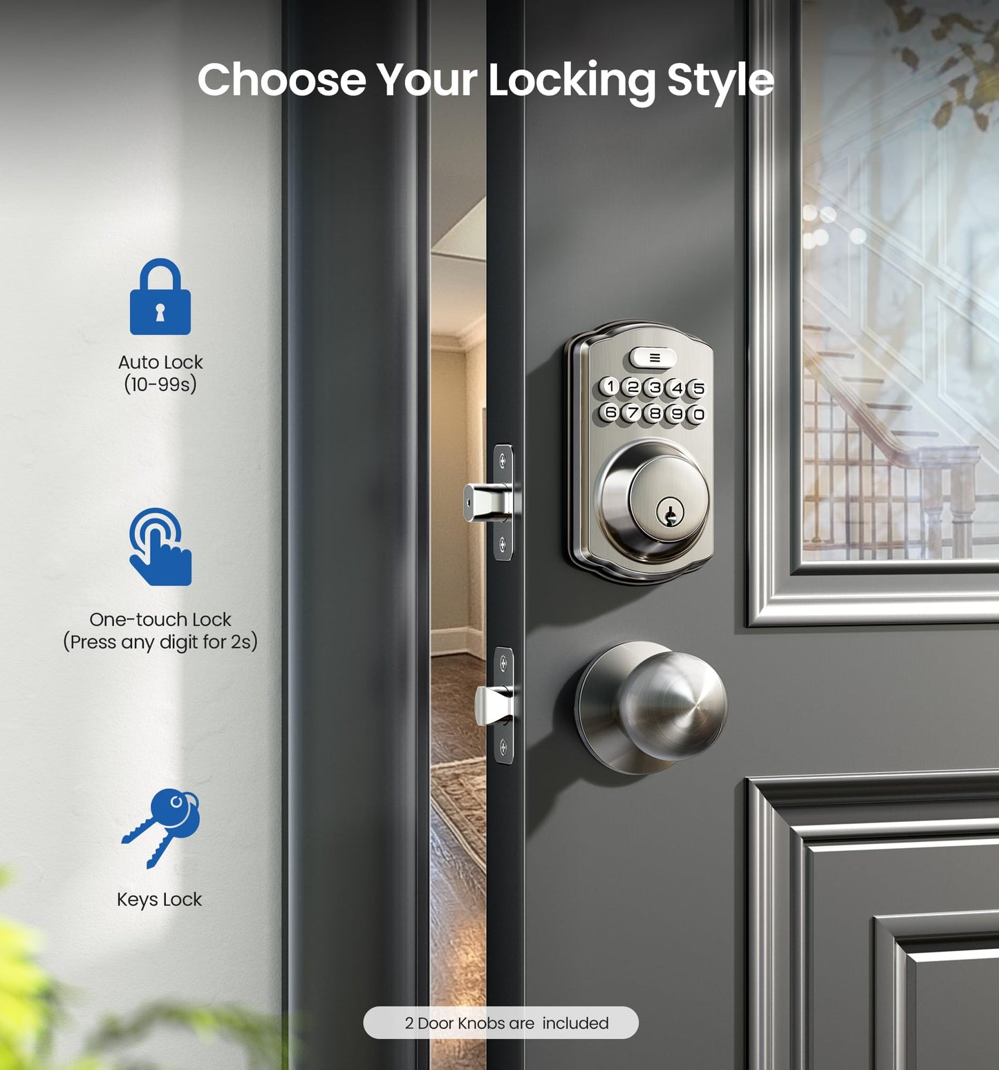 Veise Keyless Entry Door Lock with 2 Knobs, Electronic Backlit Keypad Deadbolt with Handle Set, Auto Lock, One-time Codes, Smart Deadbolt for Front Door, Easy Installation, Matte Black