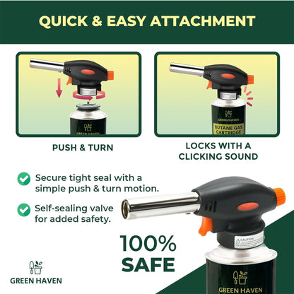 Green Haven Blow Torch for Cooking Attachment Head with 4 Gas - One-Handed Gas Torch with Adjustable Flame & Safety Lock, Fits All Butane Tanks, Ideal for Creme Brulee, Desserts, BBQ, Baking