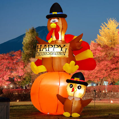GOOSH 6 FT Thanksgiving Inflatables Turkey Outdoor Decorations Blow Up Yard Turkey on Pumpkin with Turkey Baby with Built-in LEDs for Indoor Party Garden Lawn Decor