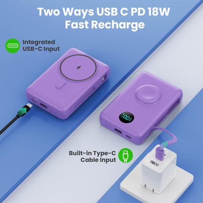 Magnetic Portable Charger 10800mAh for iPhone with Built-in Cables, 6-in-1 Wireless Power Bank with iWatch Charger, LCD Display 25W PD Fast Charging Battery Pack for iPhone 16/15/14/13/12, Apple Watch