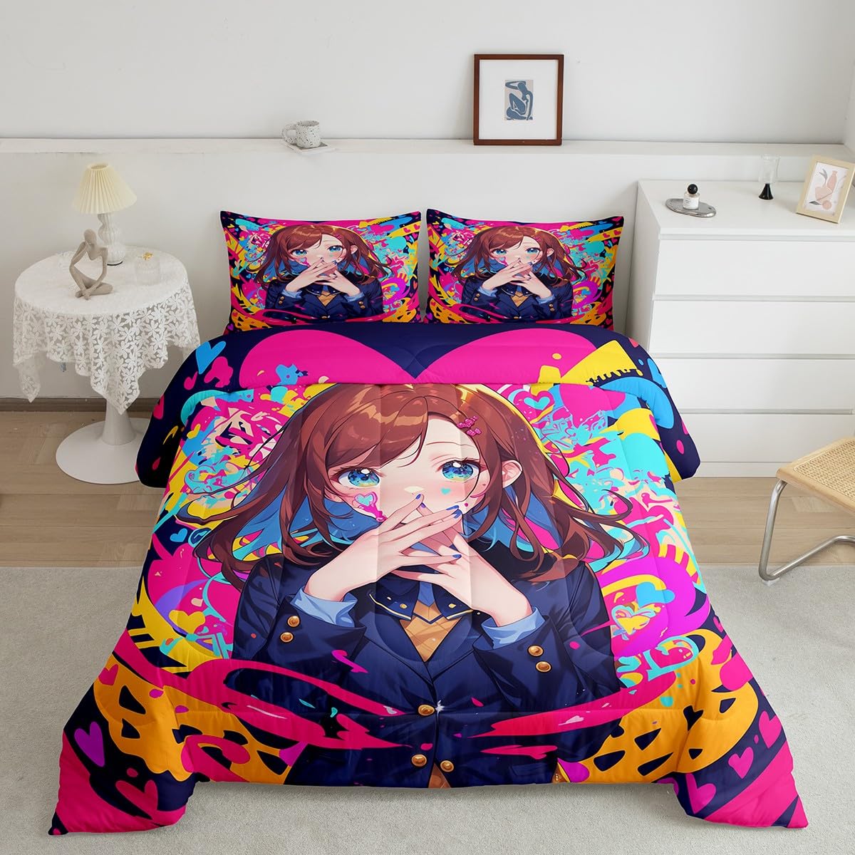 Erosebridal Anime Girl Full Bedding Set, Japanese Anime Comforter Set 3 Piece for Kids Girls Teens Adult Bedroom Decor, Cartoon Girl Quilt Kawaii Japanese Animation Bedding Comforter Sets