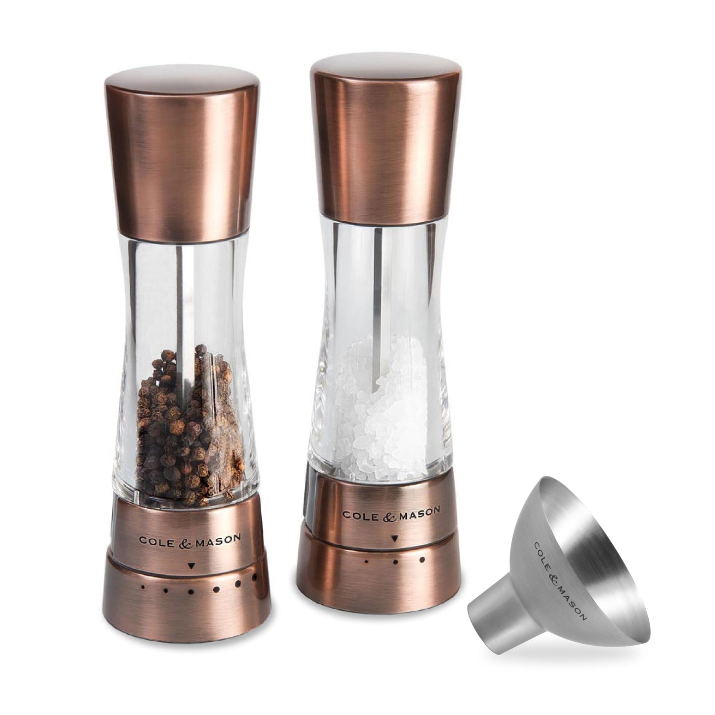 Cole & Mason Derwent Salt & Pepper Grinder Set - Salt & Pepper Grinder Set with Adjustable Grind Settings - Easily Refillable Spice Mills for Enhanced Taste - Copper with Stainless Steel Funnel