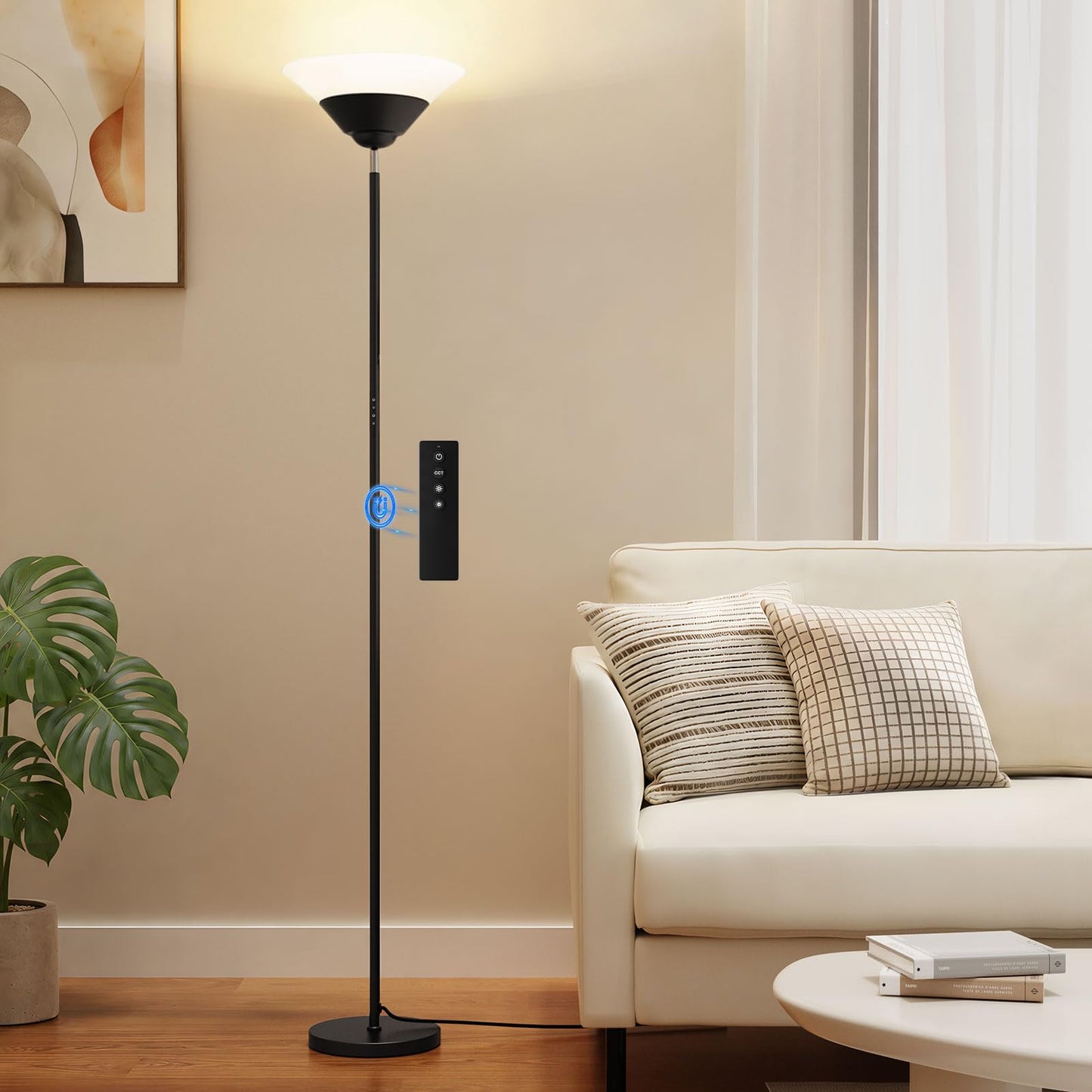 SIBRILLE Torchiere Floor Lamp, 72 Inch 30W LED Standing Lamp, 1800LM, Stepless Dimmable, 3000K-6500K, Remote and Button Control, Modern Pole Light for Living Room Bedroom Office, Black