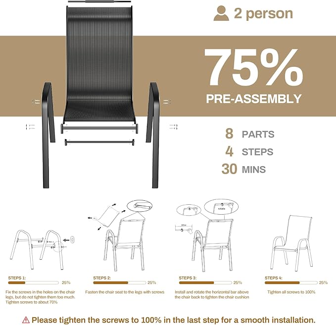 TLSUNNY Patio Chairs, Stackable Textilene Outdoor Dining Furniture for All Weather, with 17.7″ Wide Seat & Metal Frame, for Garden, Backyard, Deck, Restaurant, Poolside (4, Black, 26.4″)