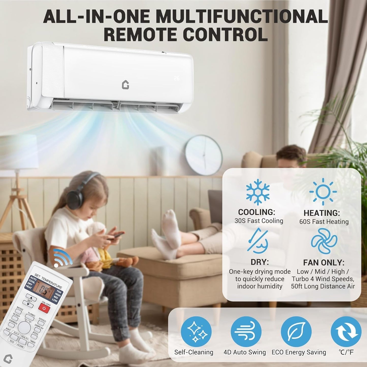 PioneerWorks 9000 BTU Ductless Mini Split Air Conditioner & Heat Pump – 20 SEER2, Inverter, 230V, WiFi & Alexa Enabled – Quiet, Energy Efficient Cooling & Heating, Easy Installation, for Rooms up to