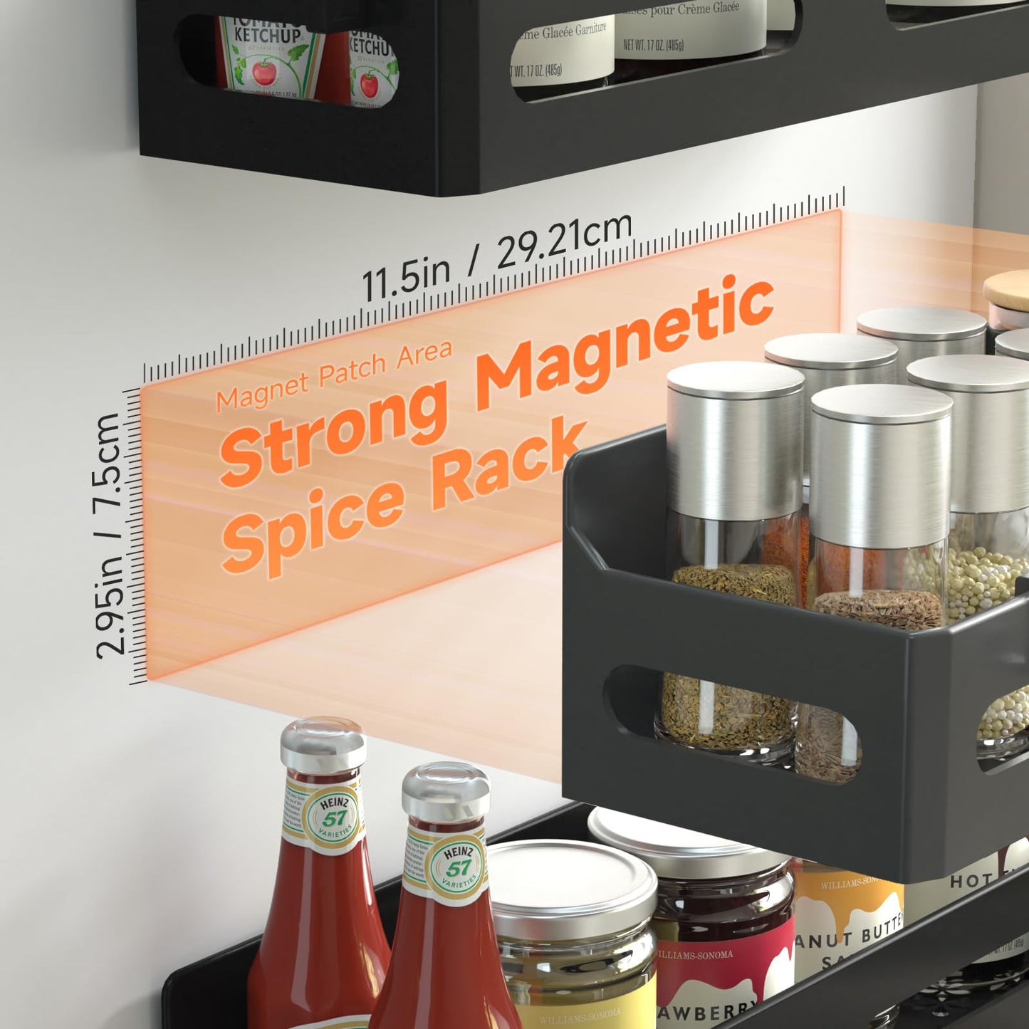 Sevenblue 4 Pack Strong Magnetic Spice Rack for Refrigerator, Multipurpose Magnetic Shelf for Fridge with 4 Hooks for Kitchen and Bathroom Organization, Black
