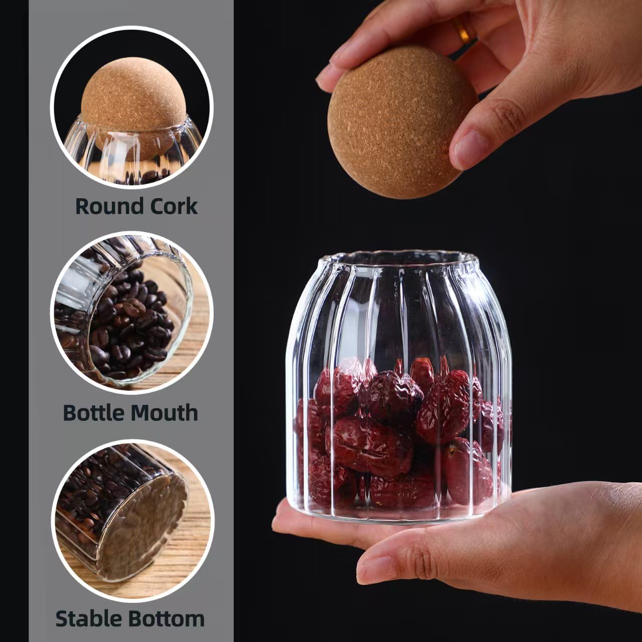 Glass Storage Jar with Ball Cork Lid, Clear Glass Canisters with Cork Ball,4Pcs High Borosilicate Glass Sealed Jar 16oz 26oz 36oz 46oz, Used for Storing Candies, Salt, Tea, Seasonings, Cookies, etc