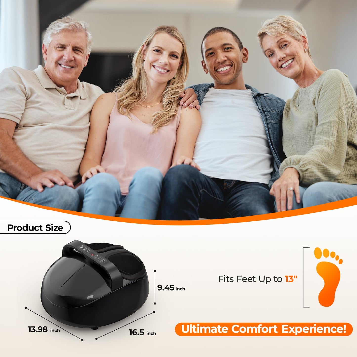 HTM Foot Massager with Heat, 5 Modes & 9-Level Intensity & 3-Speed Vibration, Shiatsu Kneading & Rolling Compression, with Remote & Portable Handle, Fits Up to Men's Size 13, Gift for Women Men