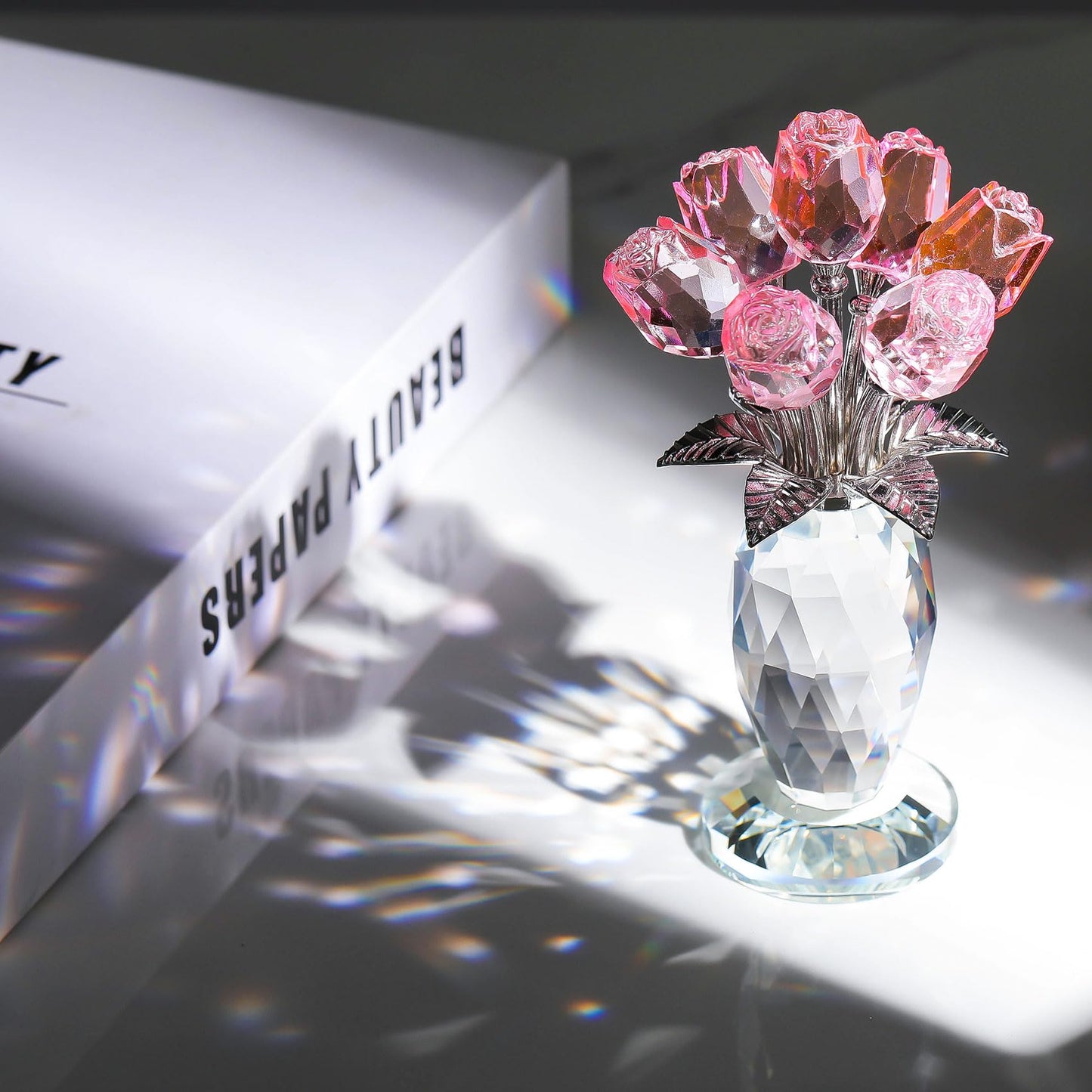 Movdyka Glass Rose Flower Pink Bouquet Crystal Figurines Home Decor