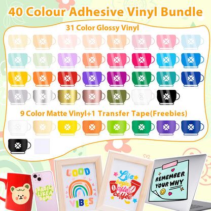 VINYL FROG Permanent Adhesive Vinyl Bundle 40 Pack Adhesive Vinyl Sheets 12''x12'' Permanent Vinyl for Cups, Decals, DIY Craft Projects