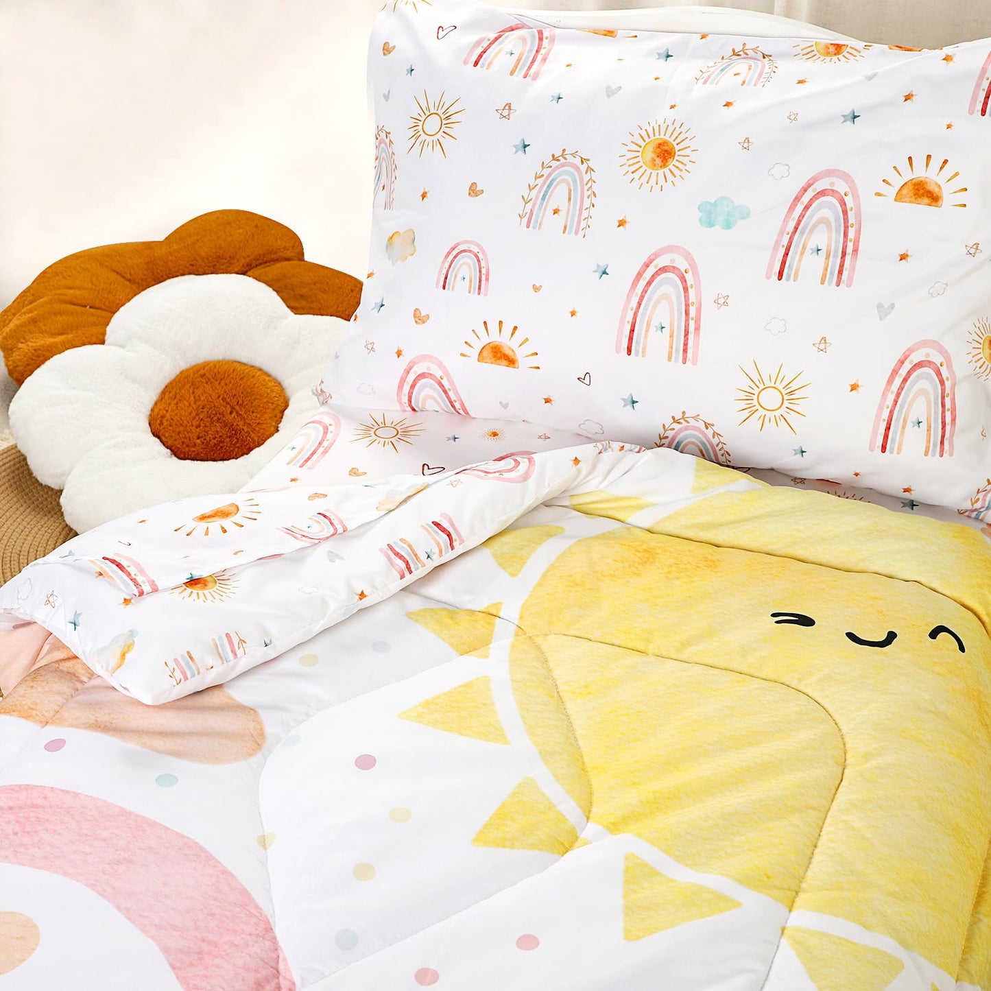 CARUILI Toddler Bedding Set for Girls 4 Piece Pink Rainbow Toddler Girl Bedding Set Super Soft & Lightweight Toddler Comforter Set Includes Comforter, Flat Sheet, Fitted Sheet, Pillowcase