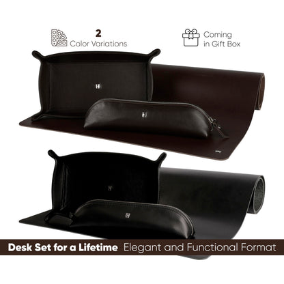 HELMBROOK London 3-Pc Premium Full-Grain Leather Desk Organizer Set | Mat, Pencil Case & Tray | Chic Decor Accessories | Gift for Christmas, Birthday & Anniversary, Brown