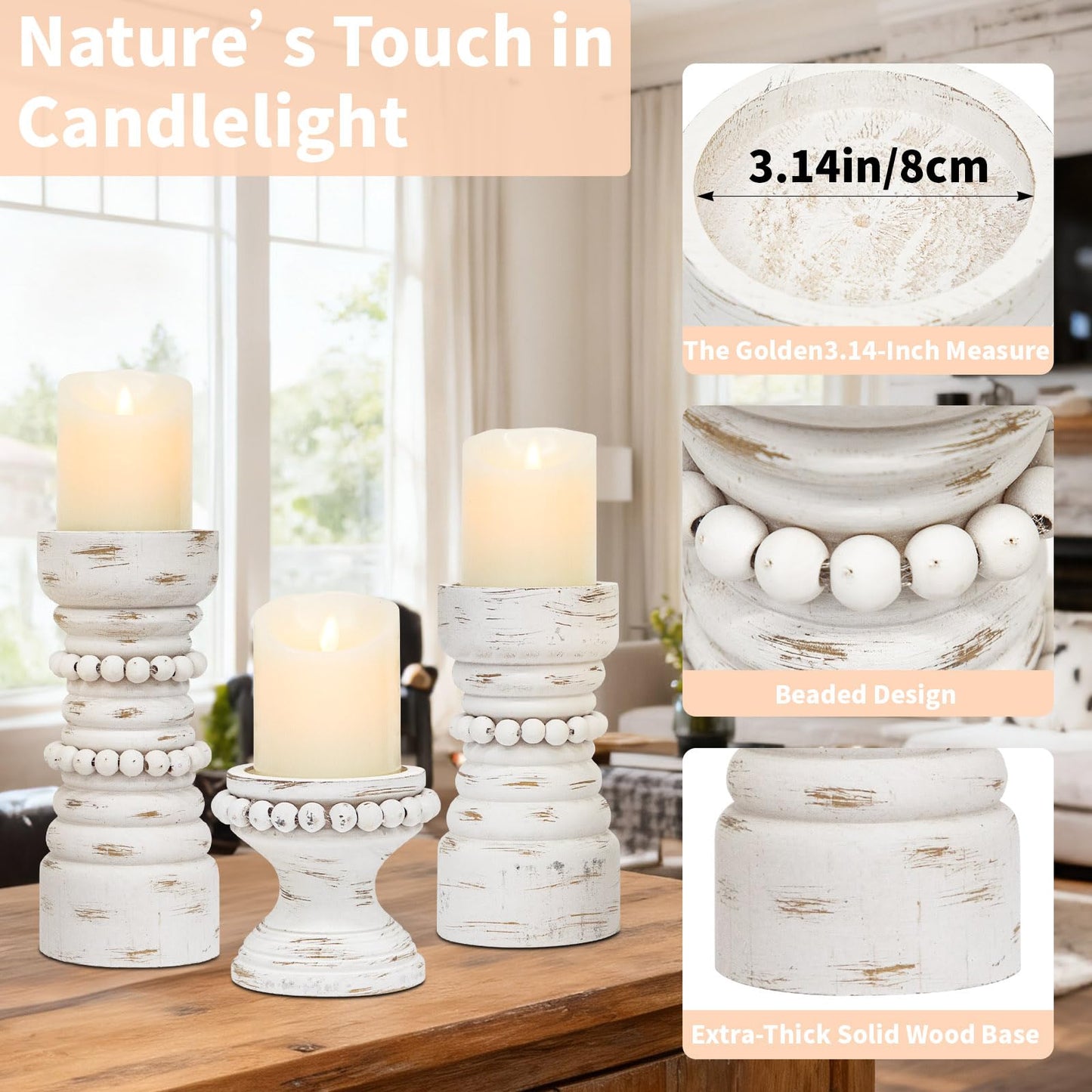 MODE HOME Rustic White Wood Candle Holders Set of 3, Farmhouse Beaded Wood Pillar Candle Holder, Candle Holders for Pillar Candles & Candlesticks, Candle Sticks Holder Decor for Table Centerpiece