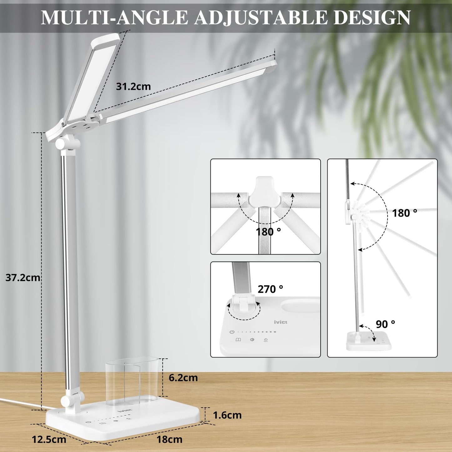 iVict Dual Swing Arm LED Desk Lamps, 5 Light Modes x 10 Brightness Levels Desk Light with USB Charging Port, 45 Minutes Auto Timer Table Lamp, Desk Lamp for Home Office, Bedroom, Reading