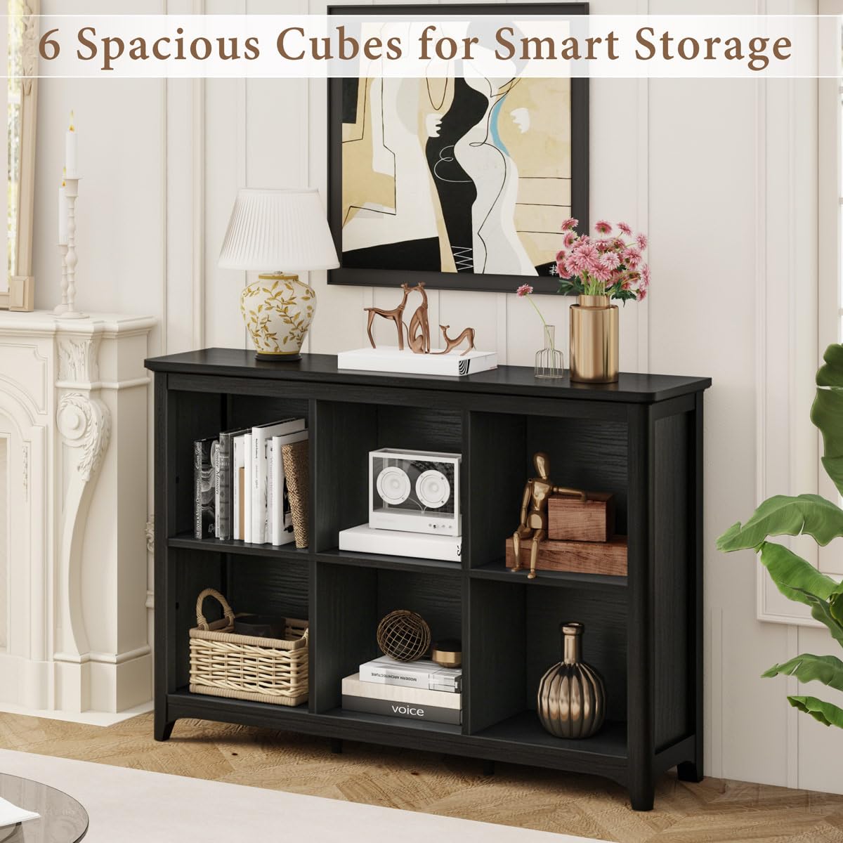 BON AUGURE 6 Cube Storage Organizer Bookcase, Horizontal Bookshelf with Curved Edge, Floor Standing Low Wooden Book Shelf for Living Room, Office -Black Oak, 43"