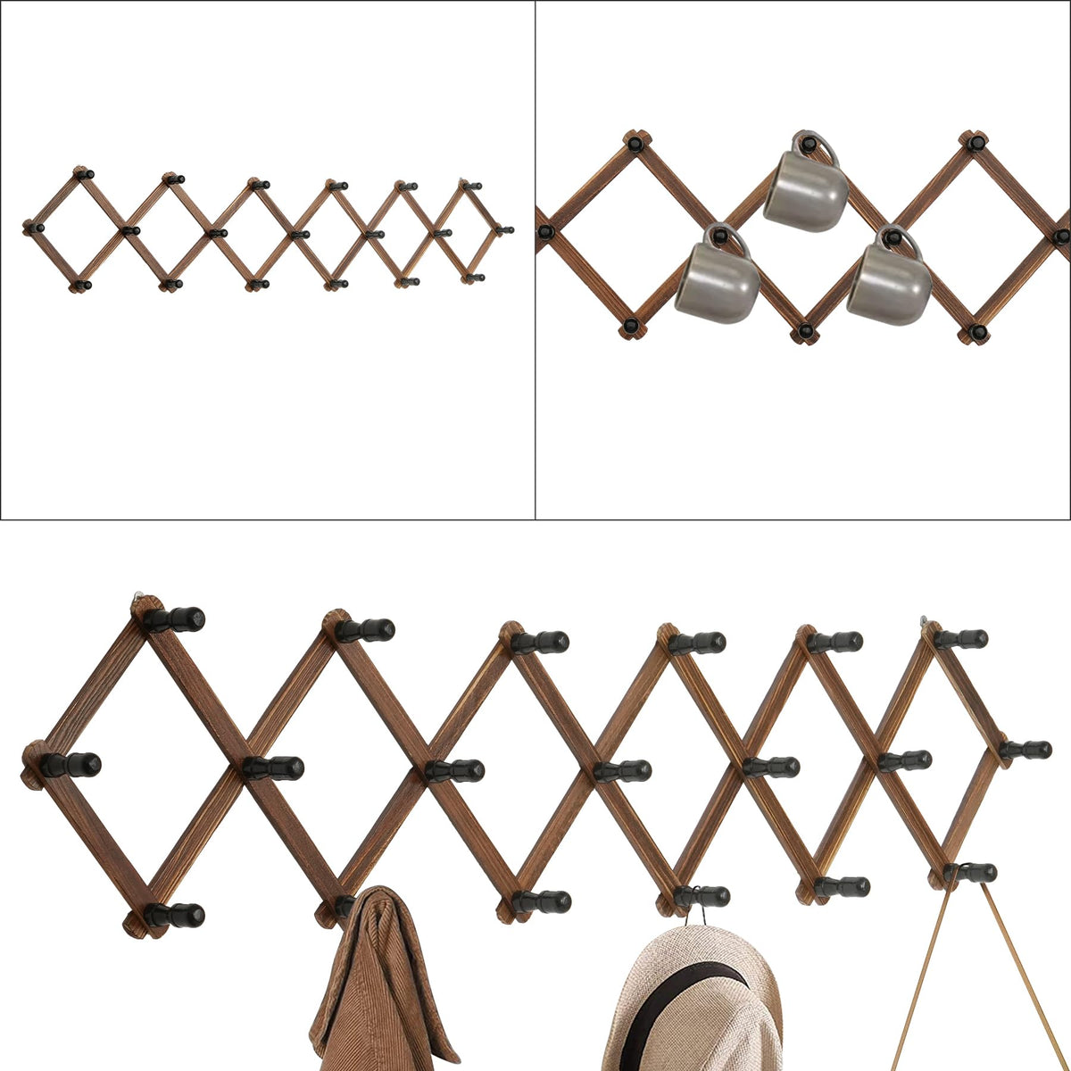 WGFKVAS Expandable Coat Rack, Accordion Wall Hangers, 19 Hooks Wooden Hat Rack Wall Mounted, Hat Hooks for Keys, Coffee Mug, Coats