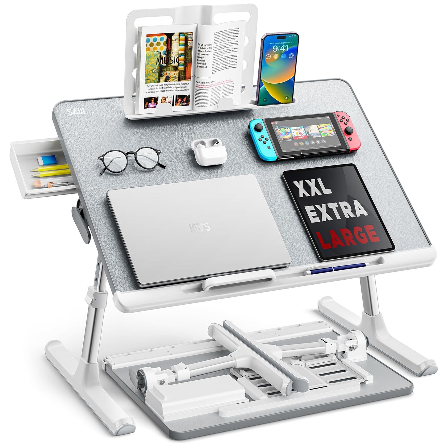 Laptop tray, SAIJI 60*45cm Table lap for bed, Multi-purpose Premium Lapdesk, Height Angle adjustable, with Book Stand, Drawer, Tablet slot, for Eating, Working, Writing, Gaming, Drawing (Light Grey)