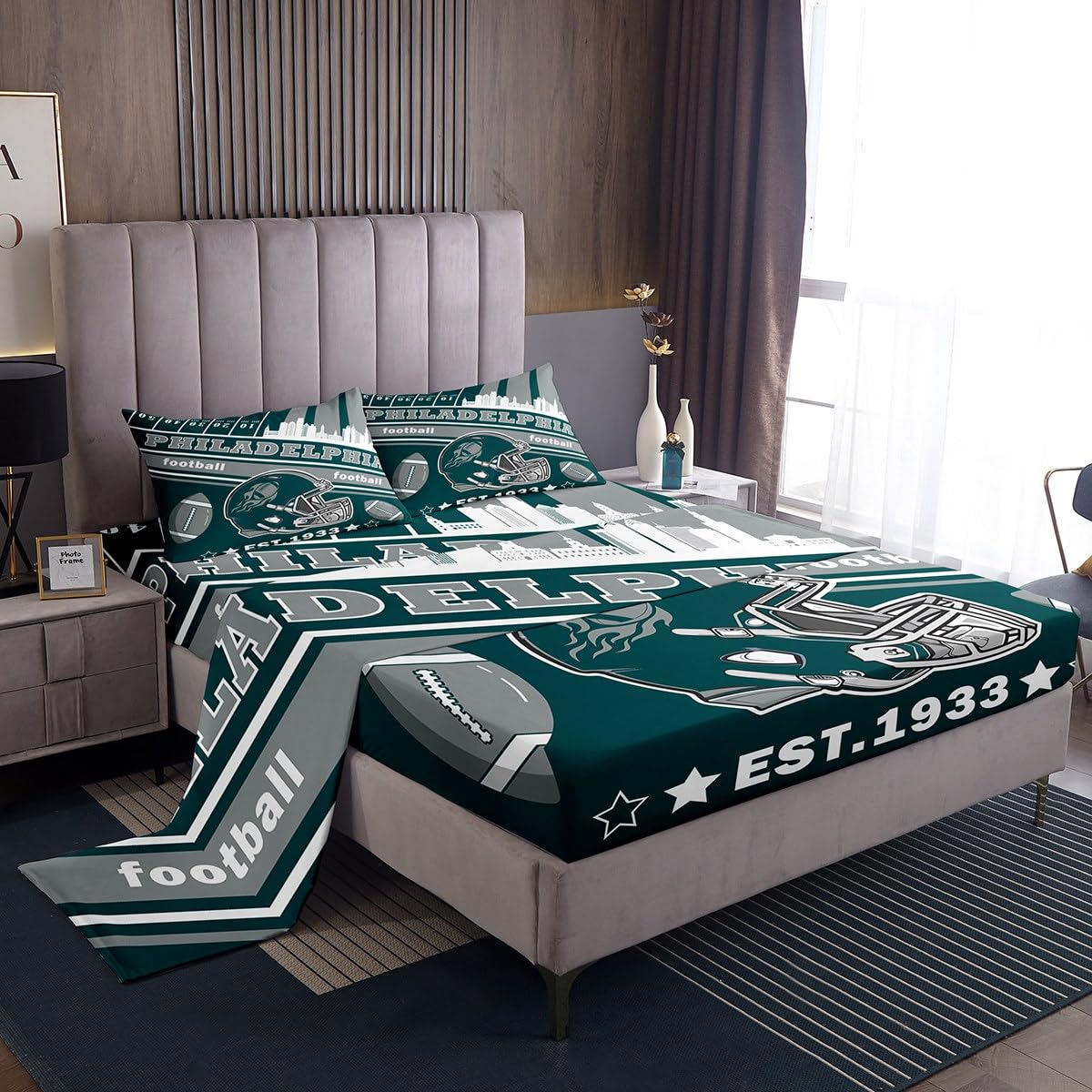 Feelyou Football Bed Sheets Set Twin Size Boys Women Men Rugby Sports Bedding Set Football City Fitted Sheet with 16 Inch Deep Pockets