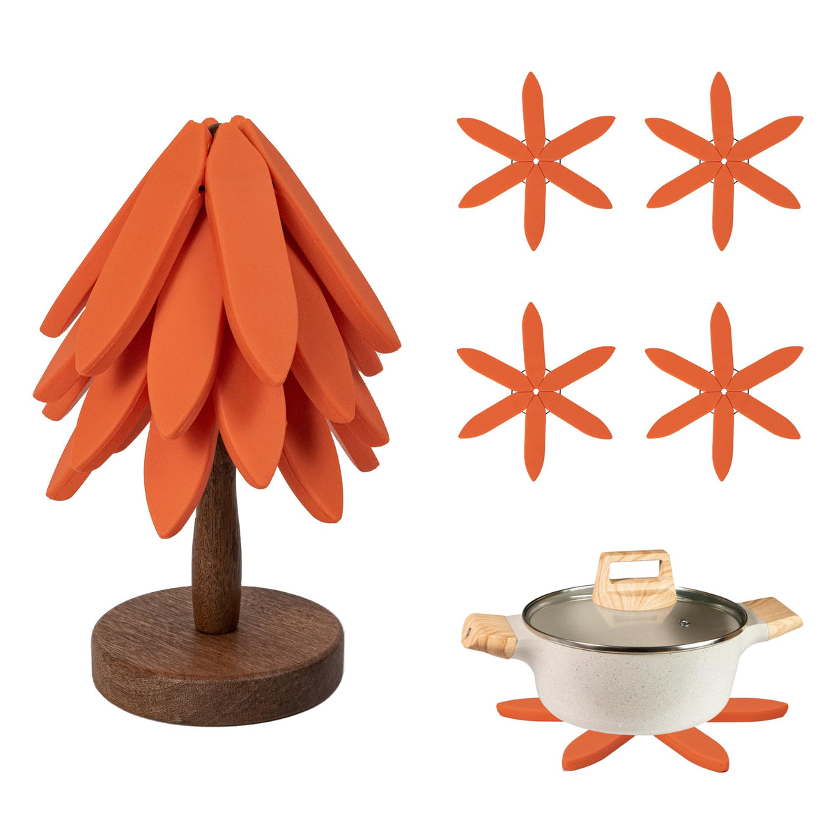 Tuiuzxy Silicone Trivets Mat Set for Hot Dishes - Tree Trivets with Stand - Hot Pads Pot Holders for Kitchen (Orange)