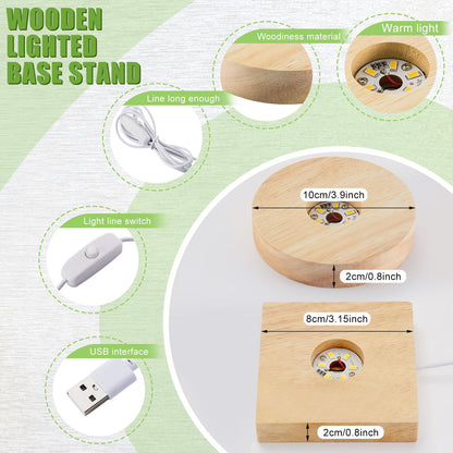 Honoson 4 Pcs LED Light Base - Wooden LED Base for Crystal Wood Light Display for Glass Art Lighted Stand for 3D Glass Resin Art(Square, Round)