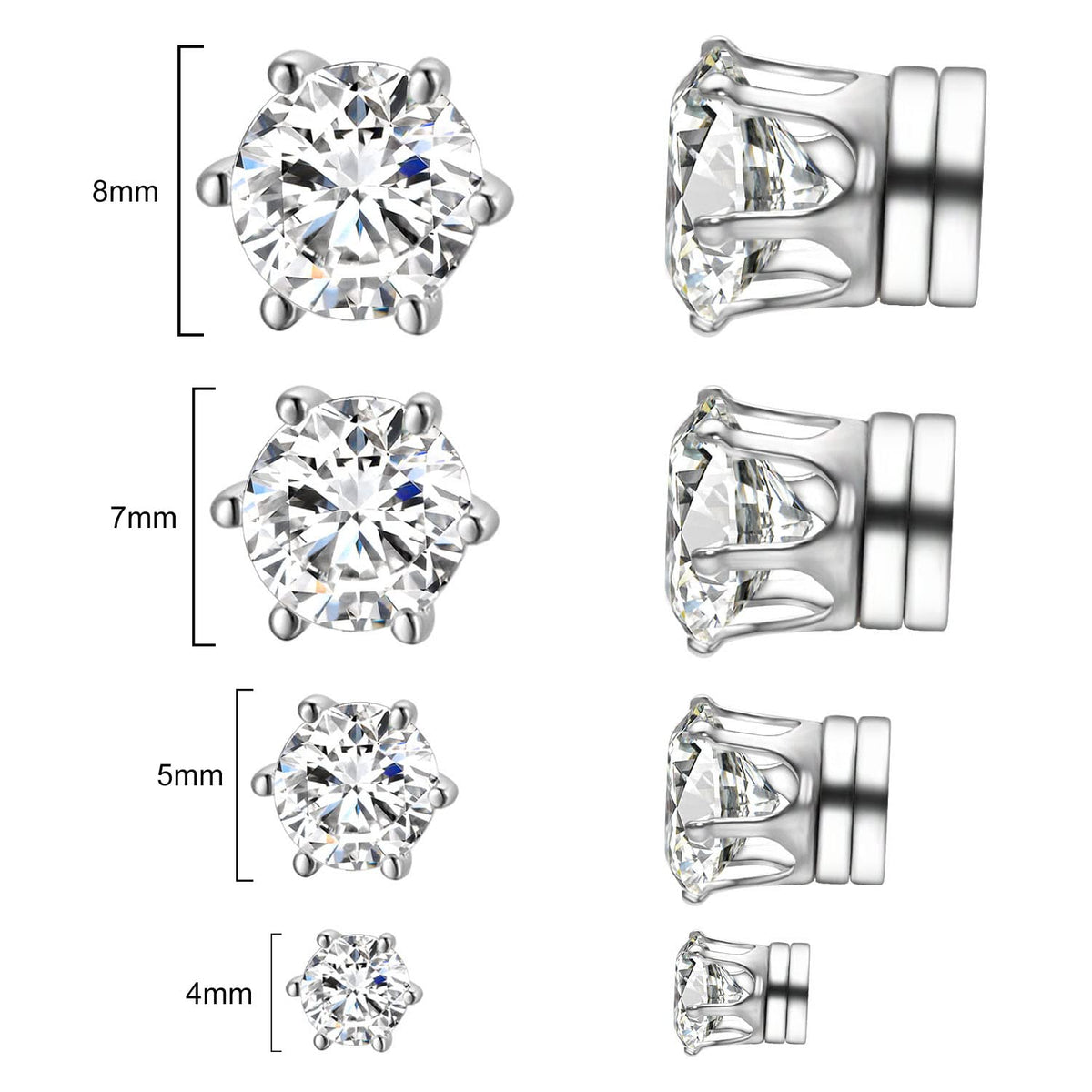Airokiy Non Piercing Magnetic Earrings for Men Sliver Fake Diamond Magnetic Earrings Set 4 Pairs (4/5/7/8mm)