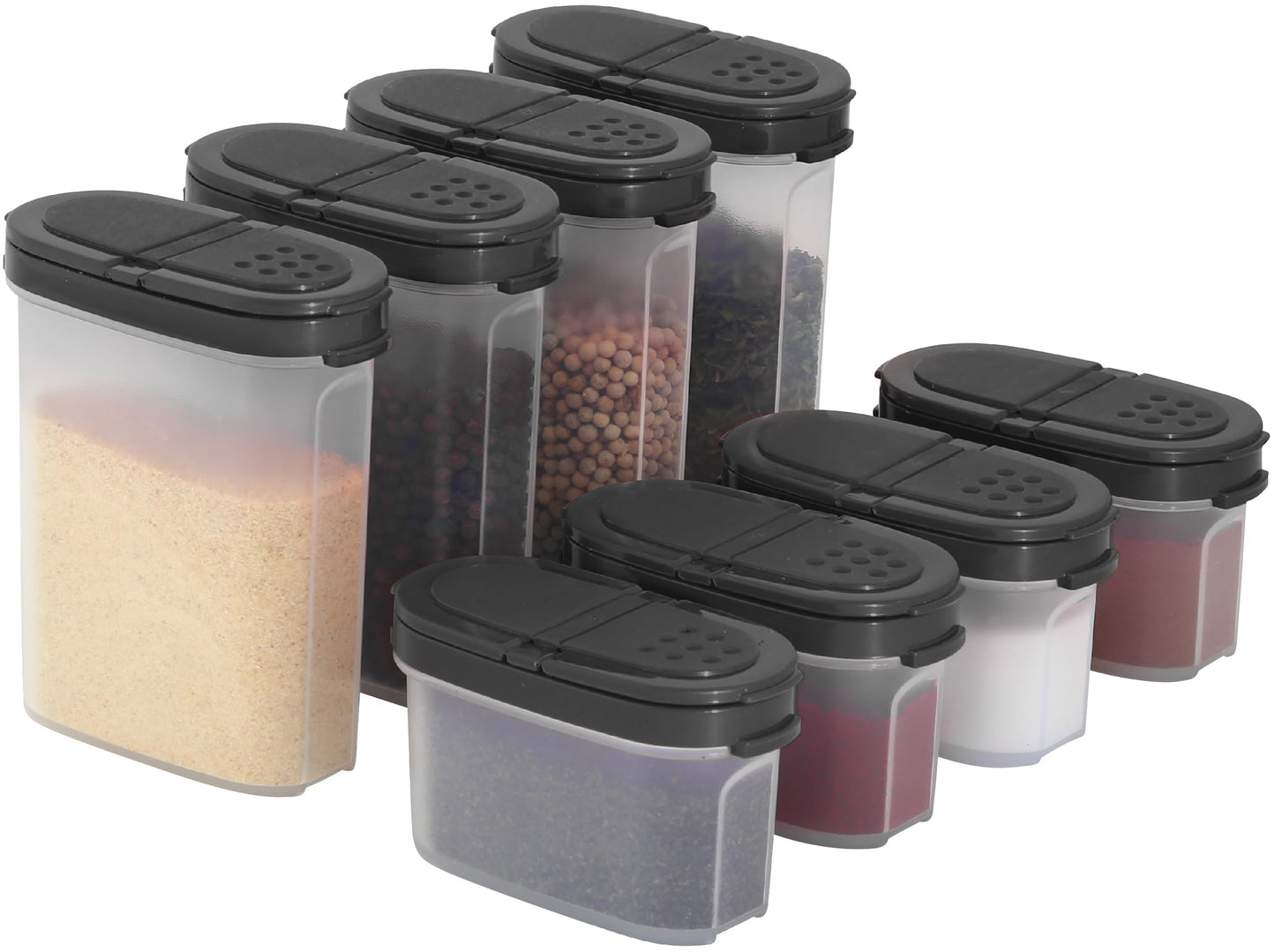 SIGNORA WARE Plastic Spice Containers – Spice Jar Set 8 Pack, 4 Mini, 4 Large – Spice Jars to Store Spices, Herbs, Marinade, Sugar, Salt, Pepper – Refillable Airtight Small Spice Jars with 2 Way Lids