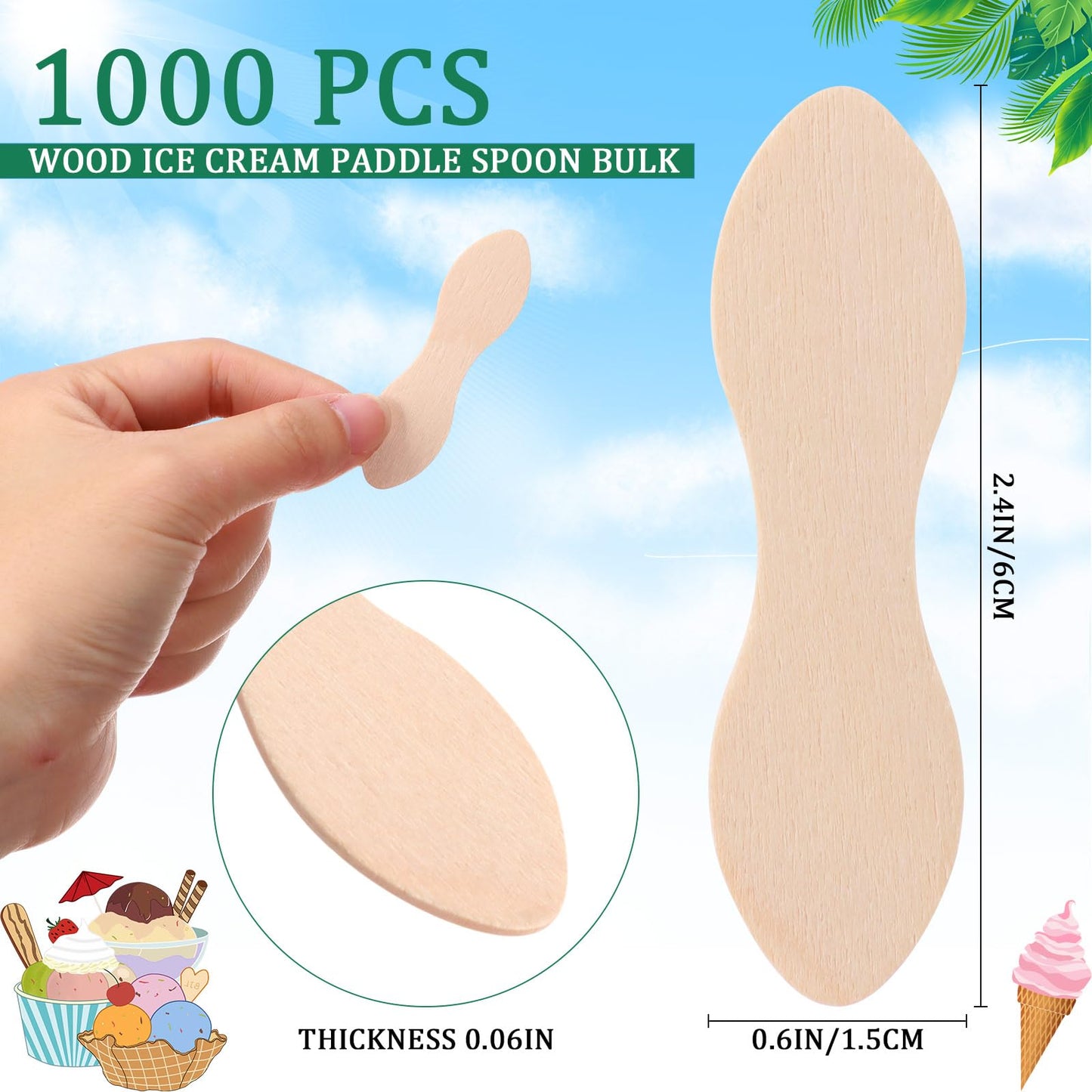 Reallnaive 1000 Pcs Wooden Ice Cream Sample Spoon Bulk, 2.4 inch Length, Mini Disposable Birchwood Tasting Spoons, Compostable and Biodegradable for Crafts, Tasting, Birthdays, Dessert, Honey, Cake