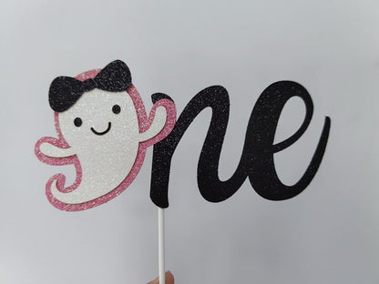 Pink Glitter Halloween Ghost One Birthday Cake Topper The Spooky One Cake Topper for Pink Girl Halloween1st Birthday Cake Decorations