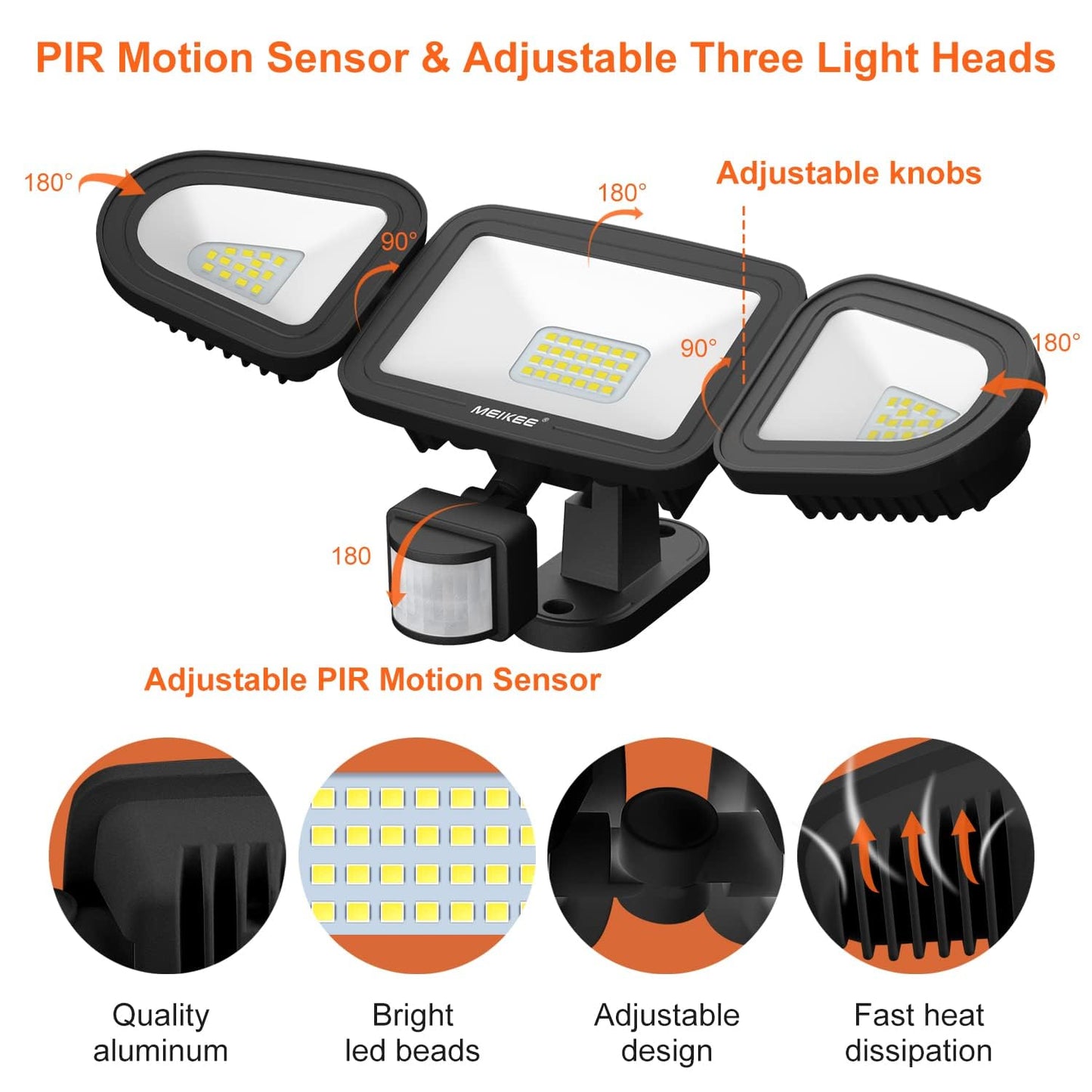 MEIKEE 42W Led Security Lights with Motion Sensor Black PIR Floodlights Outdoor Lights IP66 Waterproof 6500K 180° Adjustable Garden Light for Garage Corridors Terraces Courtyards