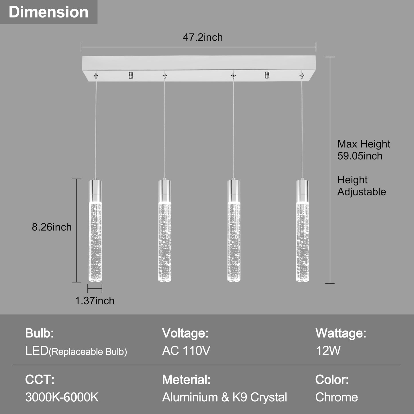 votag 4 Light Pendant Lights Kitchen Island, Modern Chrome Crystal Pendants with Dimmable 3000K-6000K LED Ceiling Hanging Light Fixture for Dining Room Bedroom, Adjustable Height 59"