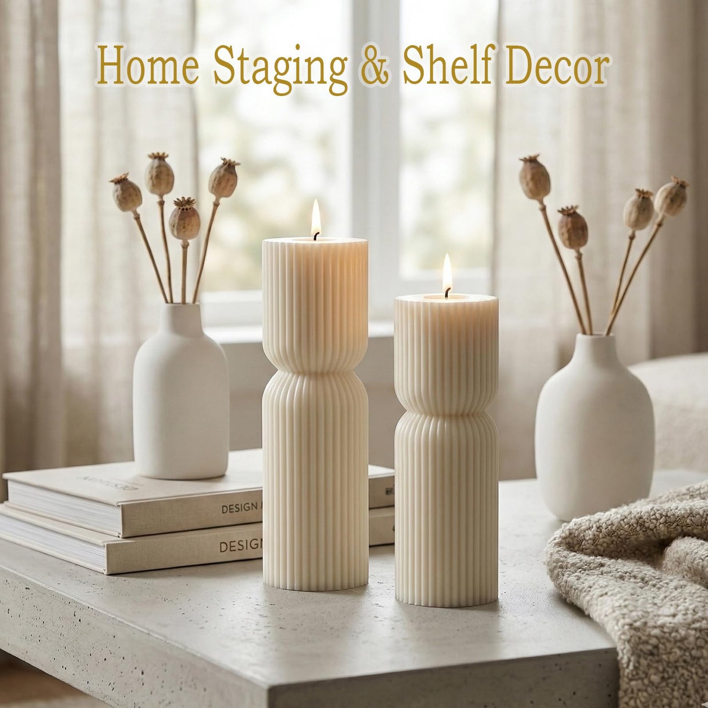Aesthetic Sandalwood Scented Candles,Ribbed Pillar Candle Set of 2 (7.87" & 9.05" Tall), Natural Soy Wax Minimalist Geometric Decor, Modern Fluted Sculptural Candles for Home,Shelf, Mantel & Gift