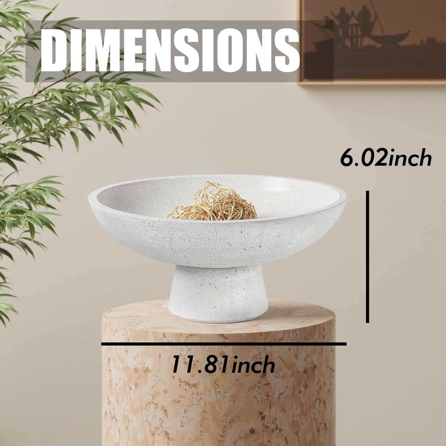 LFLKPY Large Decorative Fruit Bowl - Modern Handcrafted Resin Pedestal Bowl for Kitchen Counter, Entryway Key Holder & Table Centerpiece, Off-White Travertine Stone Bowl