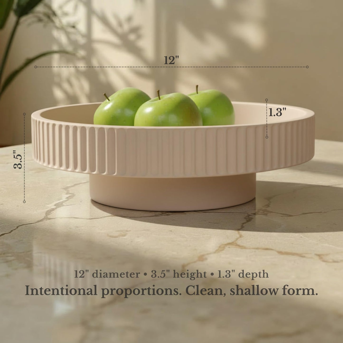 JUPTR Concrete Fruit Bowl (12") – Shallow Fluted Pedestal Decorative Centerpiece Bowl for Table, Entryway Catch-All & Modern Home Decor – Heavyweight Stone Bowl (Beige)