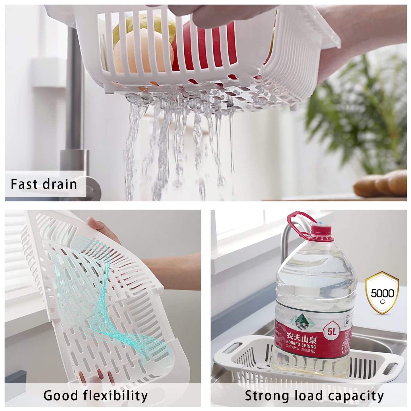 MineSign Extendable Over the Sink Colander Fruits and Vegetables Drain Basket Adjustable Strainer Sink Washing Basket for Kitchen (Grey)