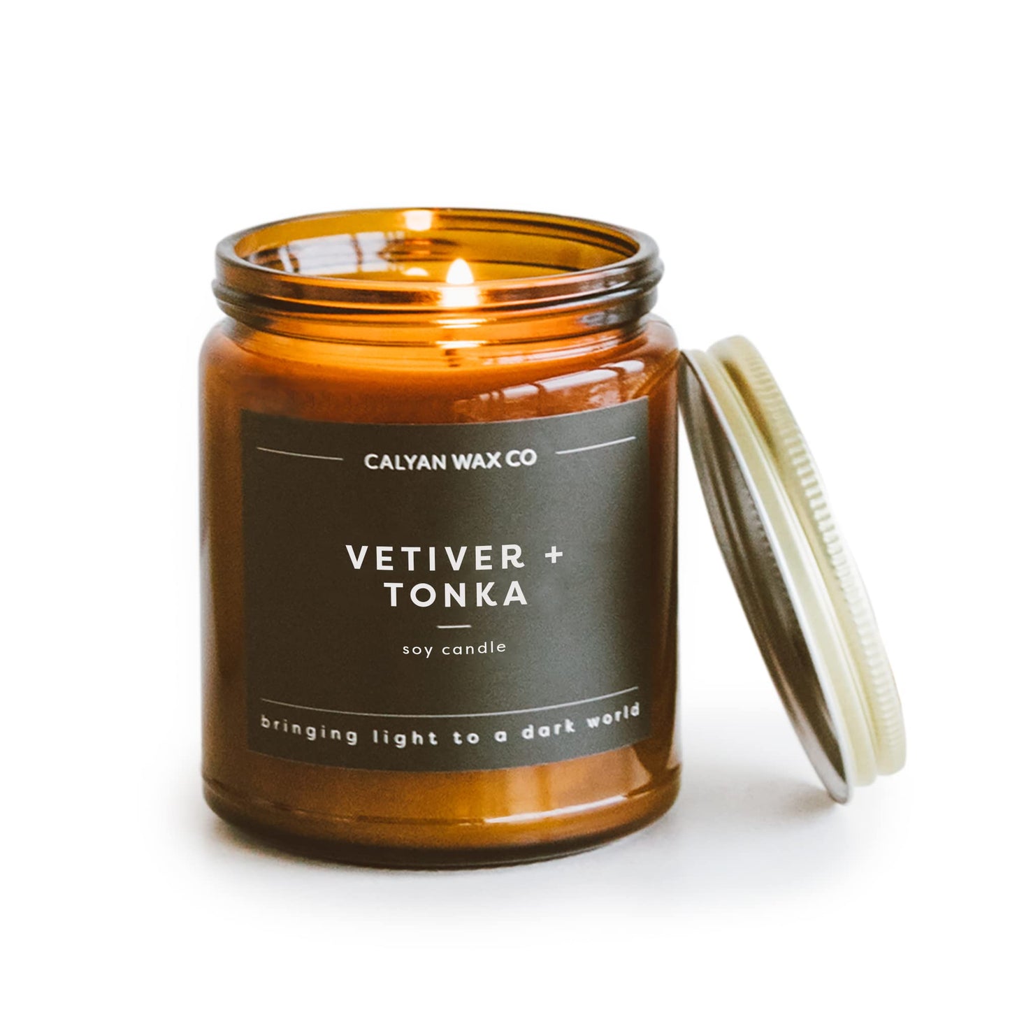 Calyan Wax Co. Vetiver & Tonka Scented Candle - 57 Hour Burn - Luxury Clean Soy Wax Candles - Long Lasting Amber Glass Jar Candle for Home - 7.2oz